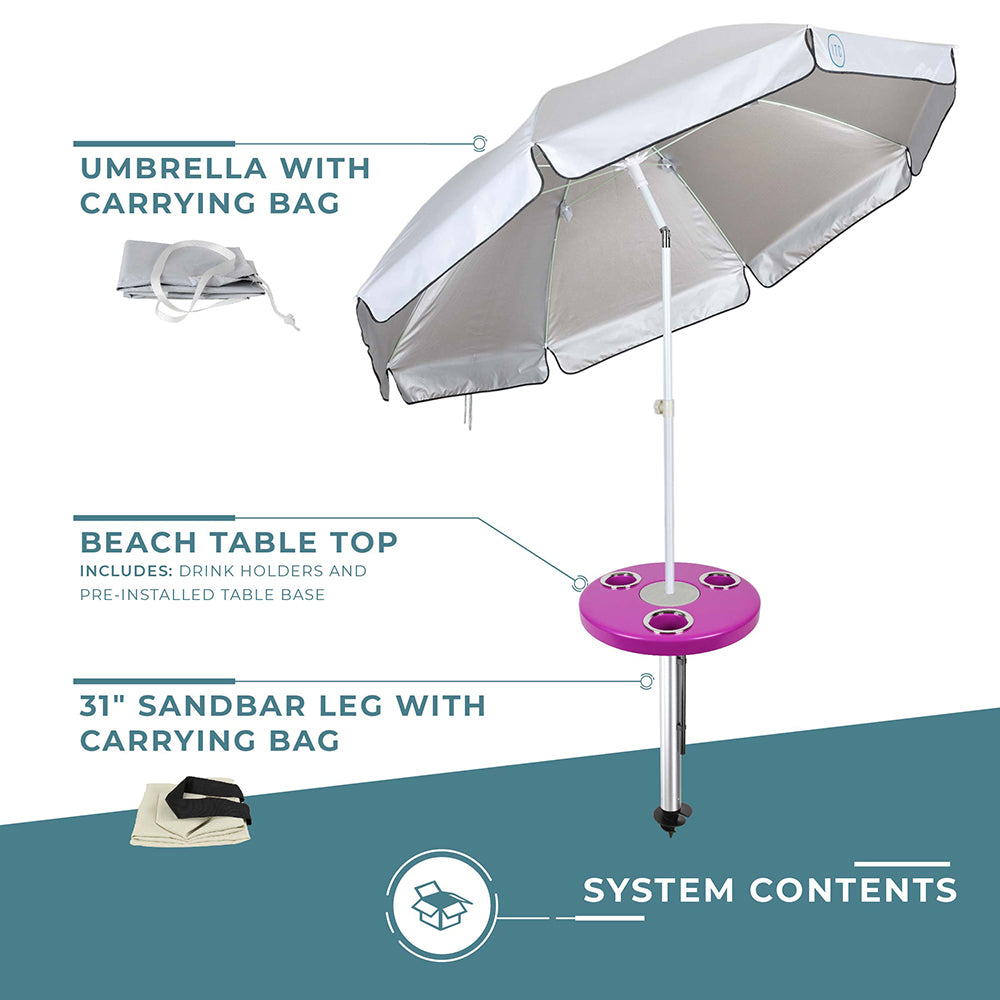 Magenta Pink Beach Table w/ Sand Bar Table Leg & Umbrella | ITC Shop Now