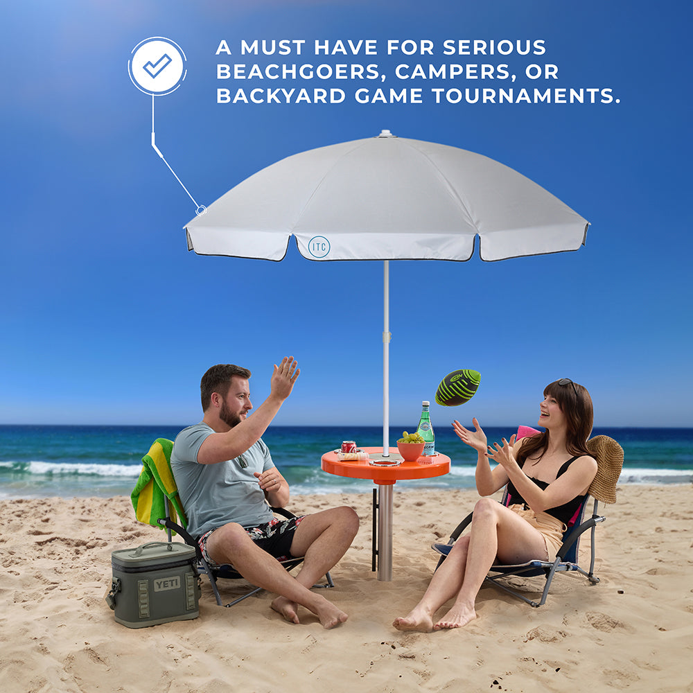 Beach Table w/ Sand Bar Table Leg and Umbrella