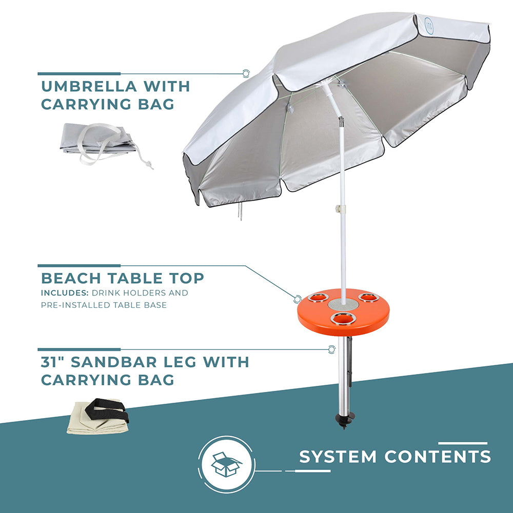 Beach Table w/ Sand Bar Table Leg and Umbrella