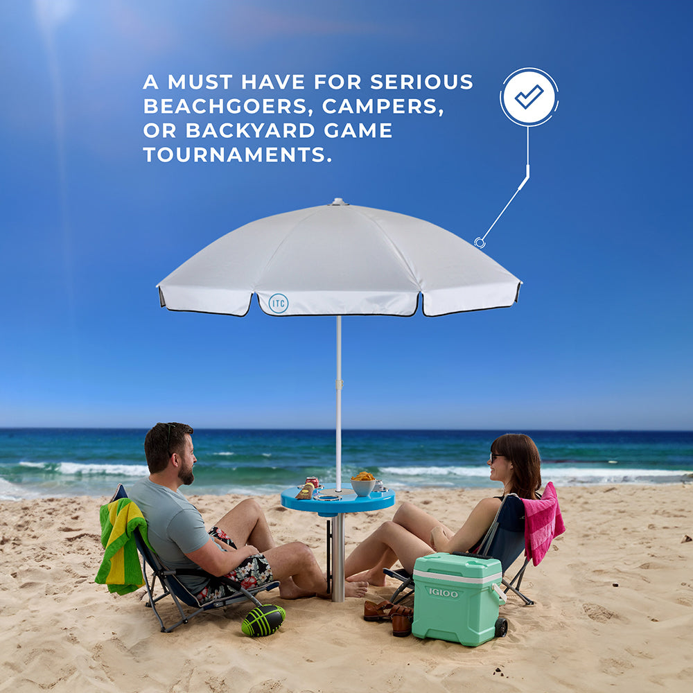 Beach Table w/ Sand Bar Table Leg and Umbrella