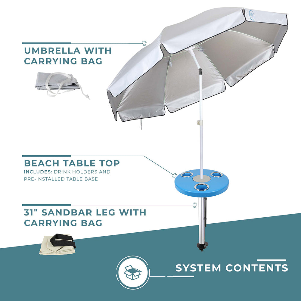 Beach Table w/ Sand Bar Table Leg and Umbrella