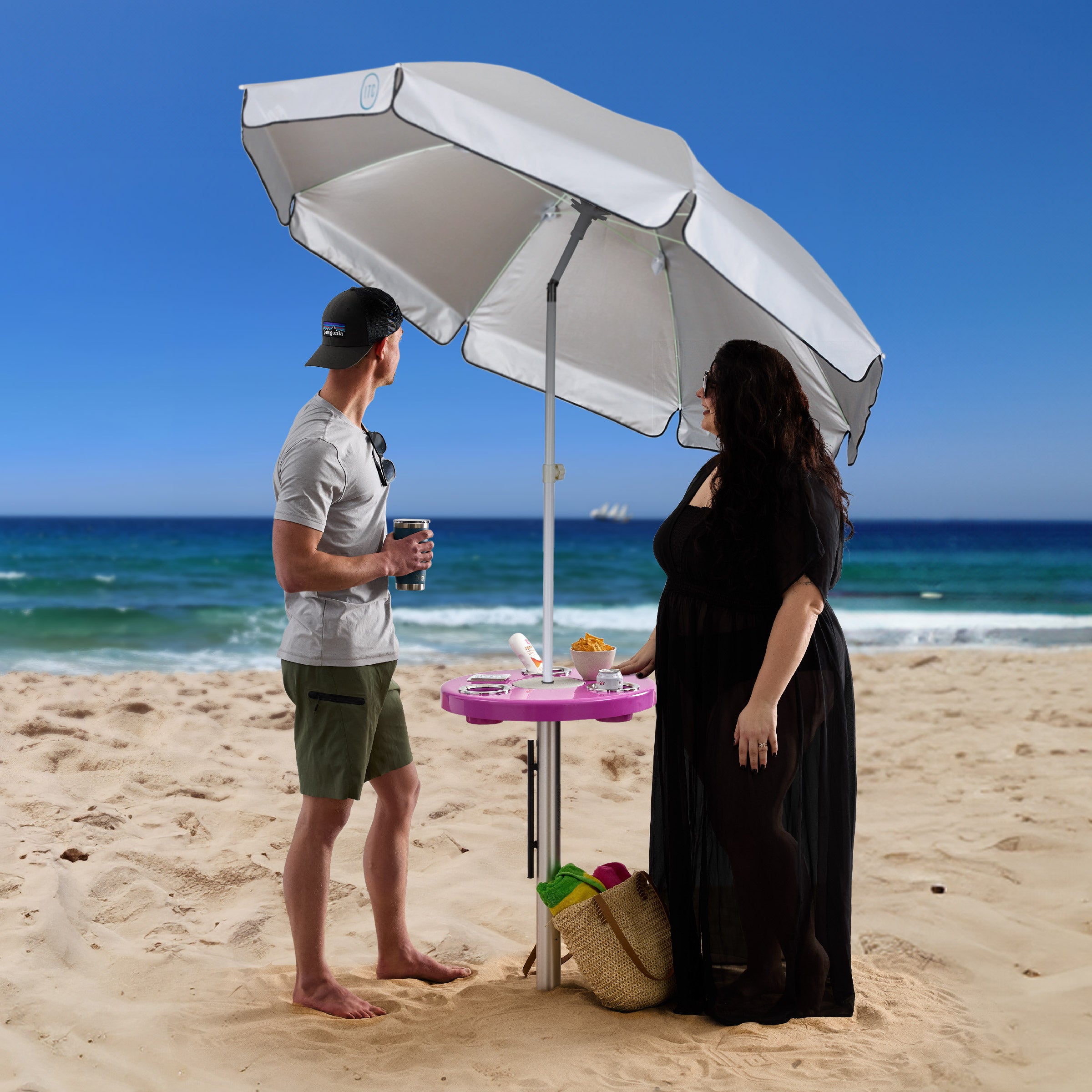 Beach Table w/ Sand Bar Table Leg and Umbrella