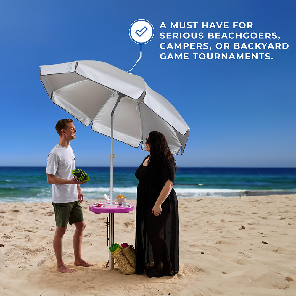 Magenta Pink Beach Table w/ Sand Bar Table Leg & Umbrella | ITC Shop Now
