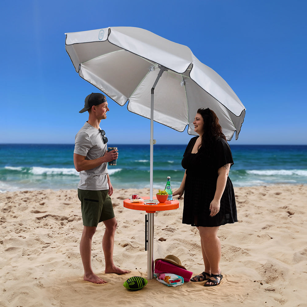 Beach Table w/ Sand Bar Table Leg and Umbrella