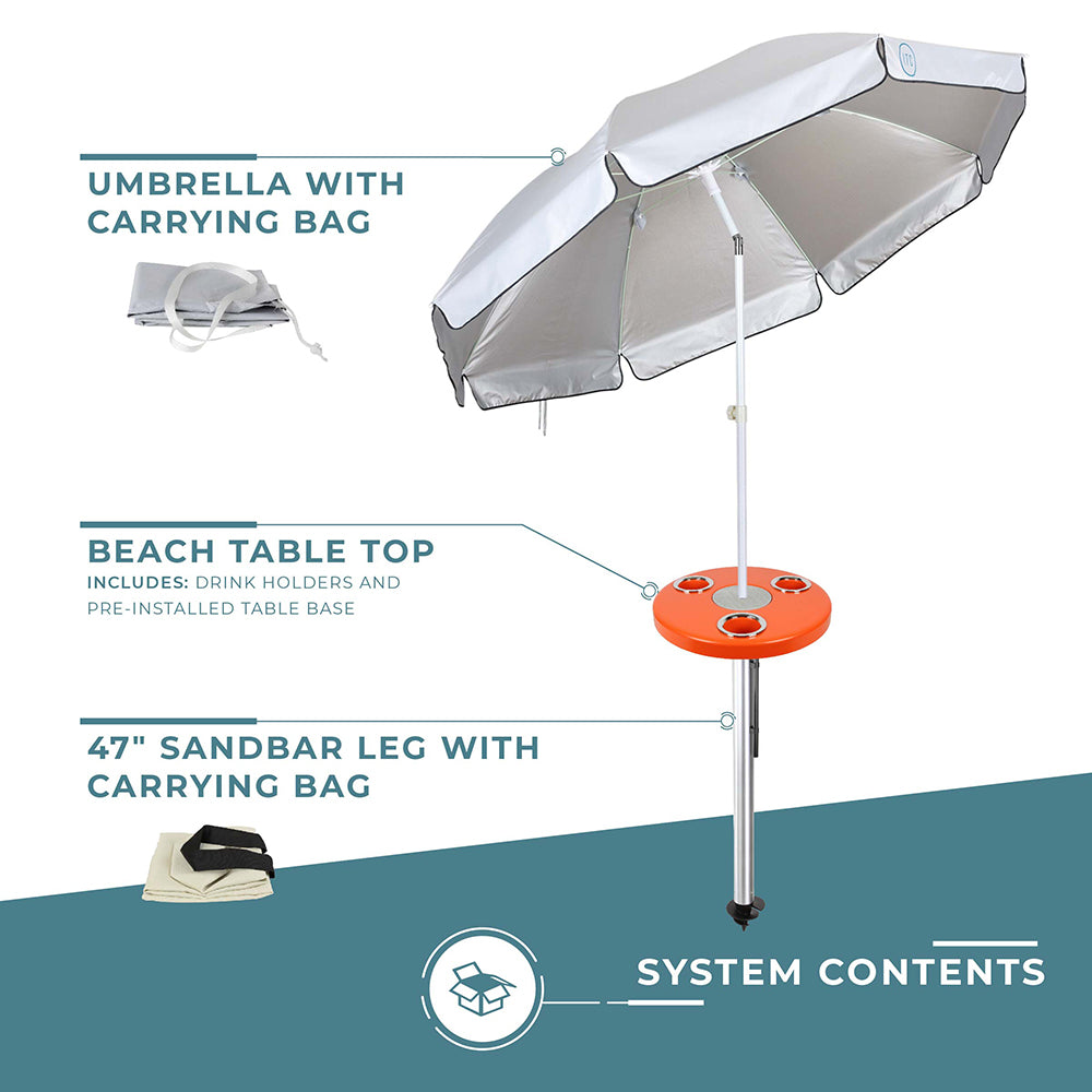 Beach Table w/ Sand Bar Table Leg and Umbrella