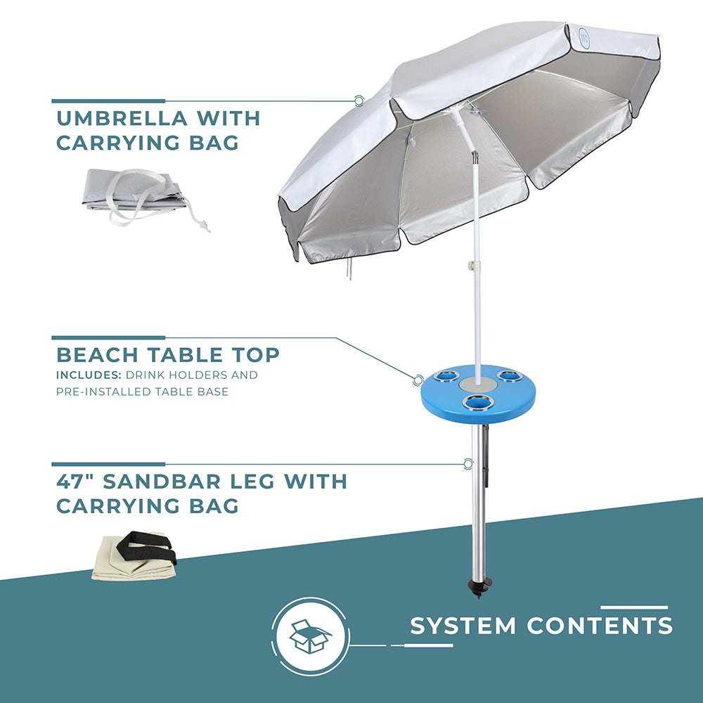Beach Table w/ Sand Bar Table Leg and Umbrella