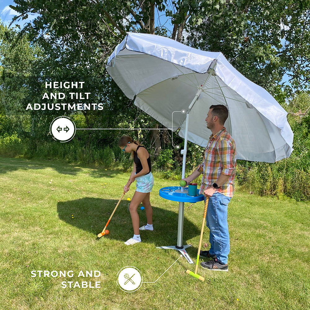 Round Outdoor Table with Radix Table Leg Stand and Umbrella