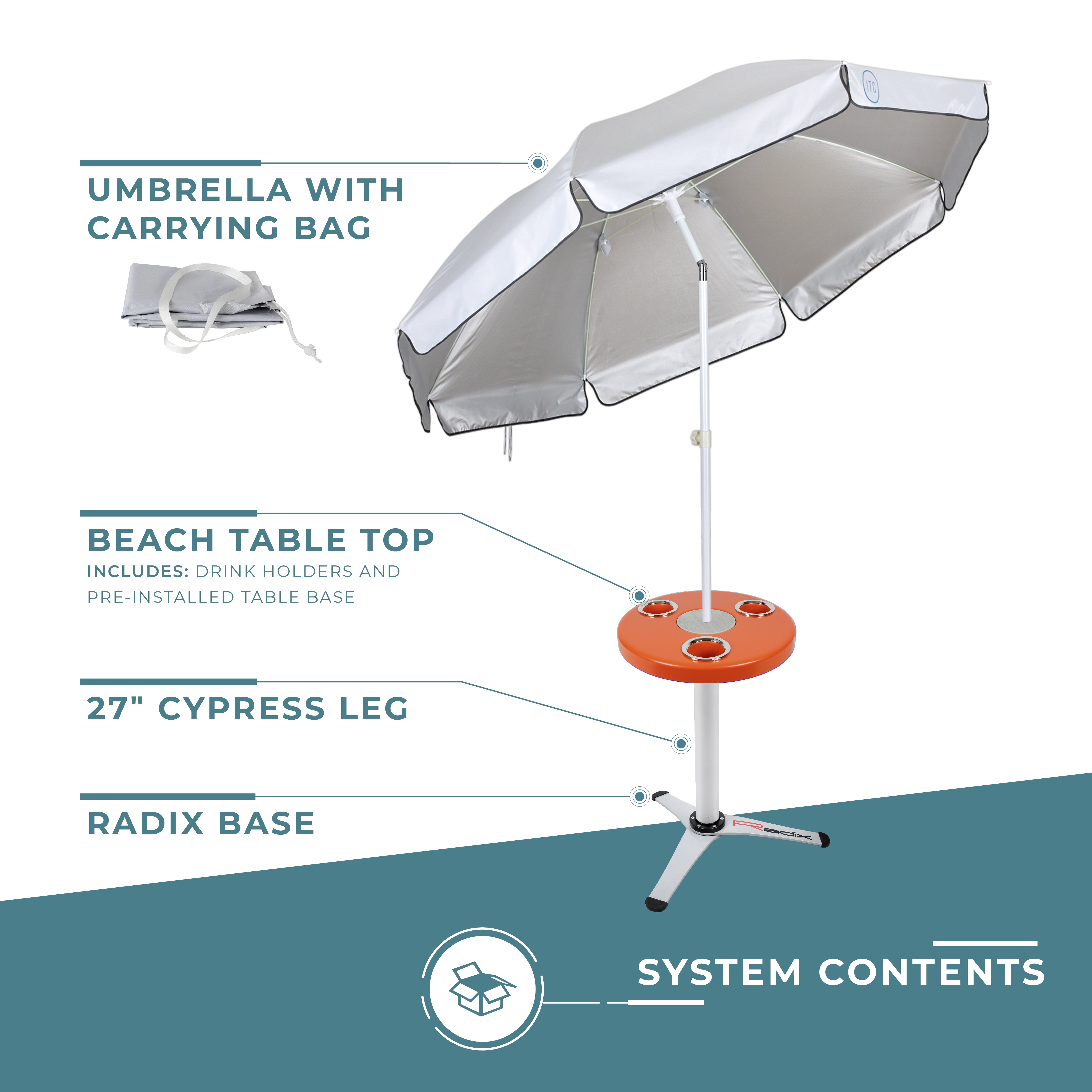 Round Outdoor Table with Radix Table Leg Stand and Umbrella