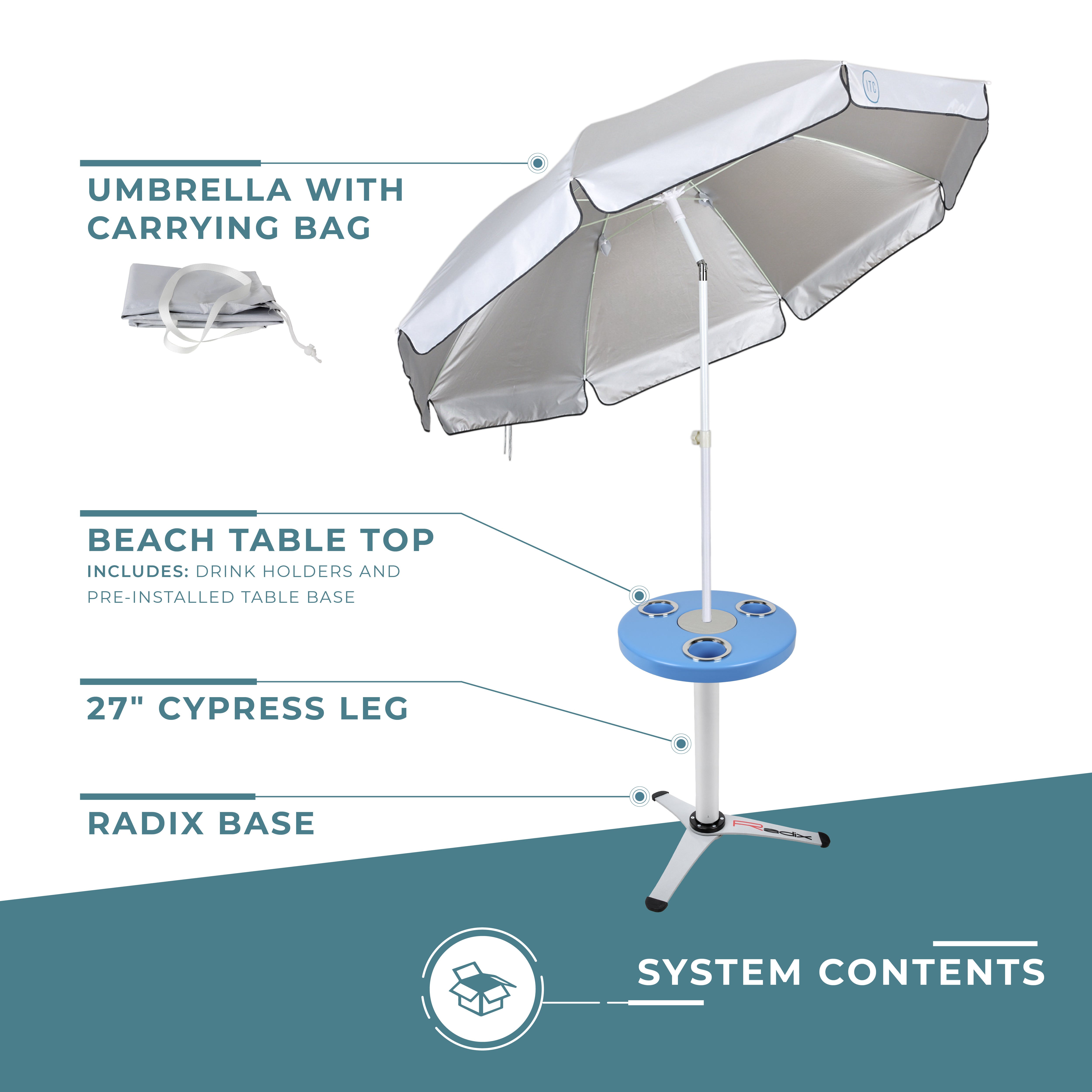 Round Outdoor Table with Radix Table Leg Stand and Umbrella