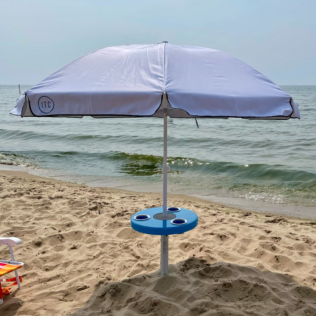 Beach Table w/ Sand Bar Table Leg and Umbrella