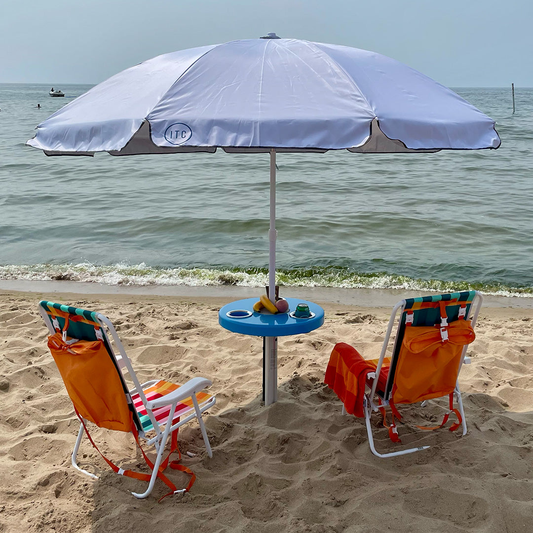 Beach Table w/ Sand Bar Table Leg and Umbrella