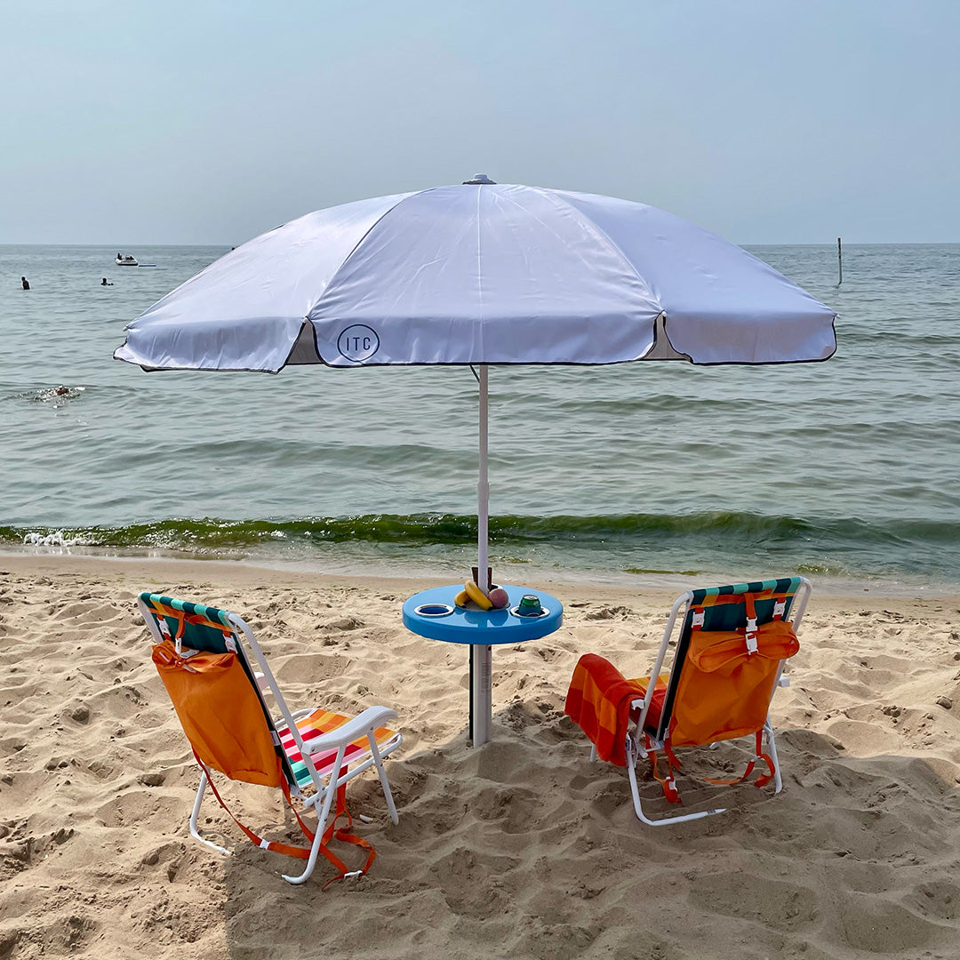 Beach Table w/ Sand Bar Table Leg and Umbrella