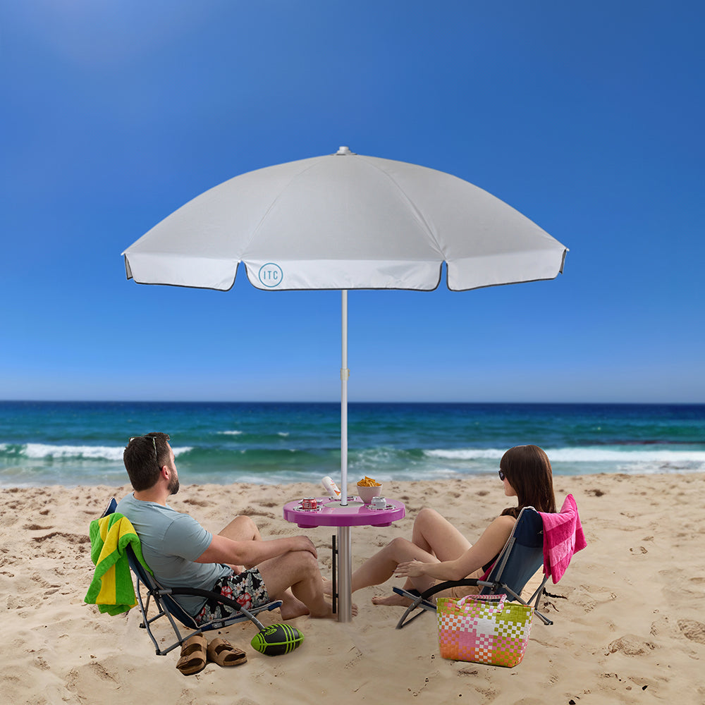 Magenta Pink Beach Table w/ Sand Bar Table Leg & Umbrella | ITC Shop Now