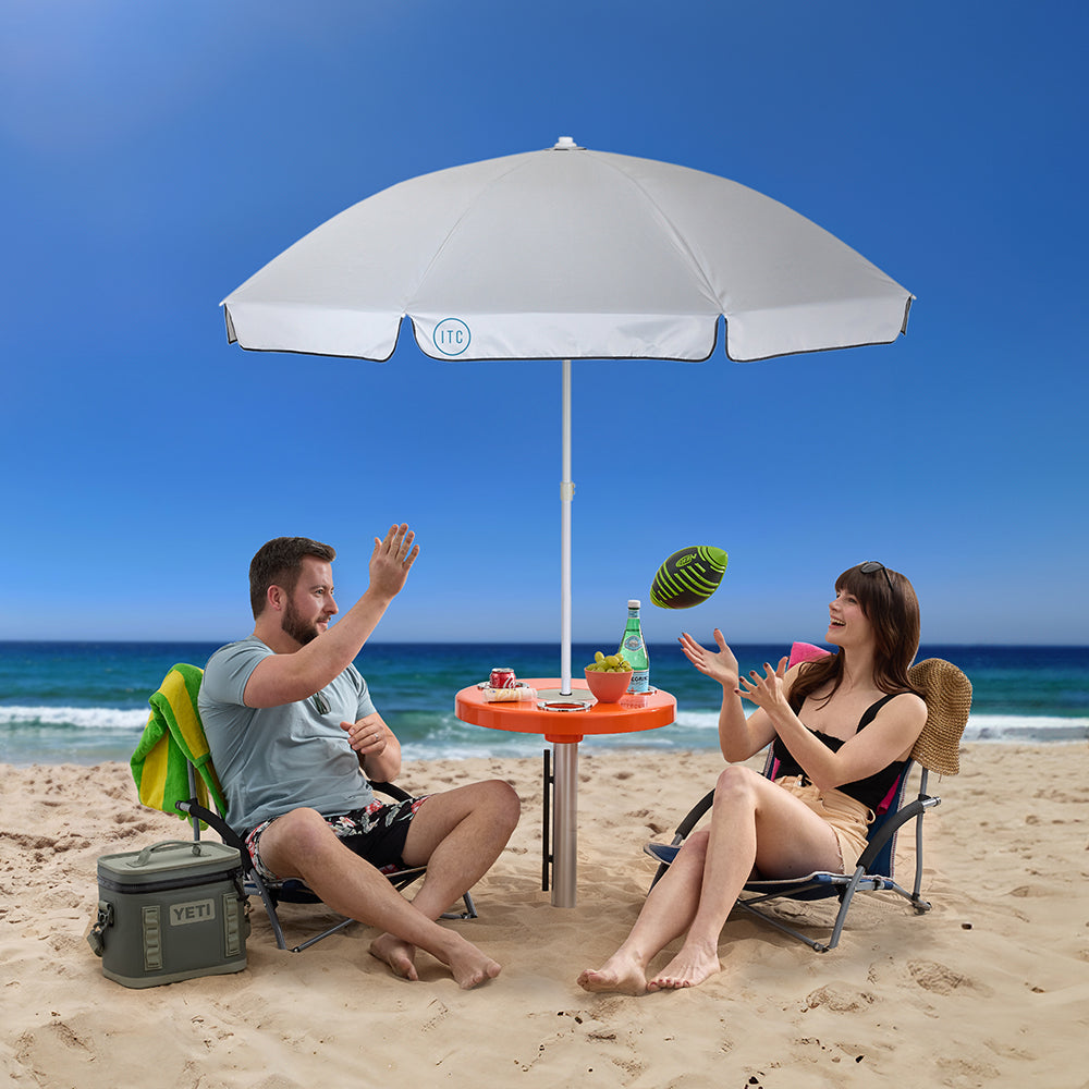 Beach Table w/ Sand Bar Table Leg and Umbrella