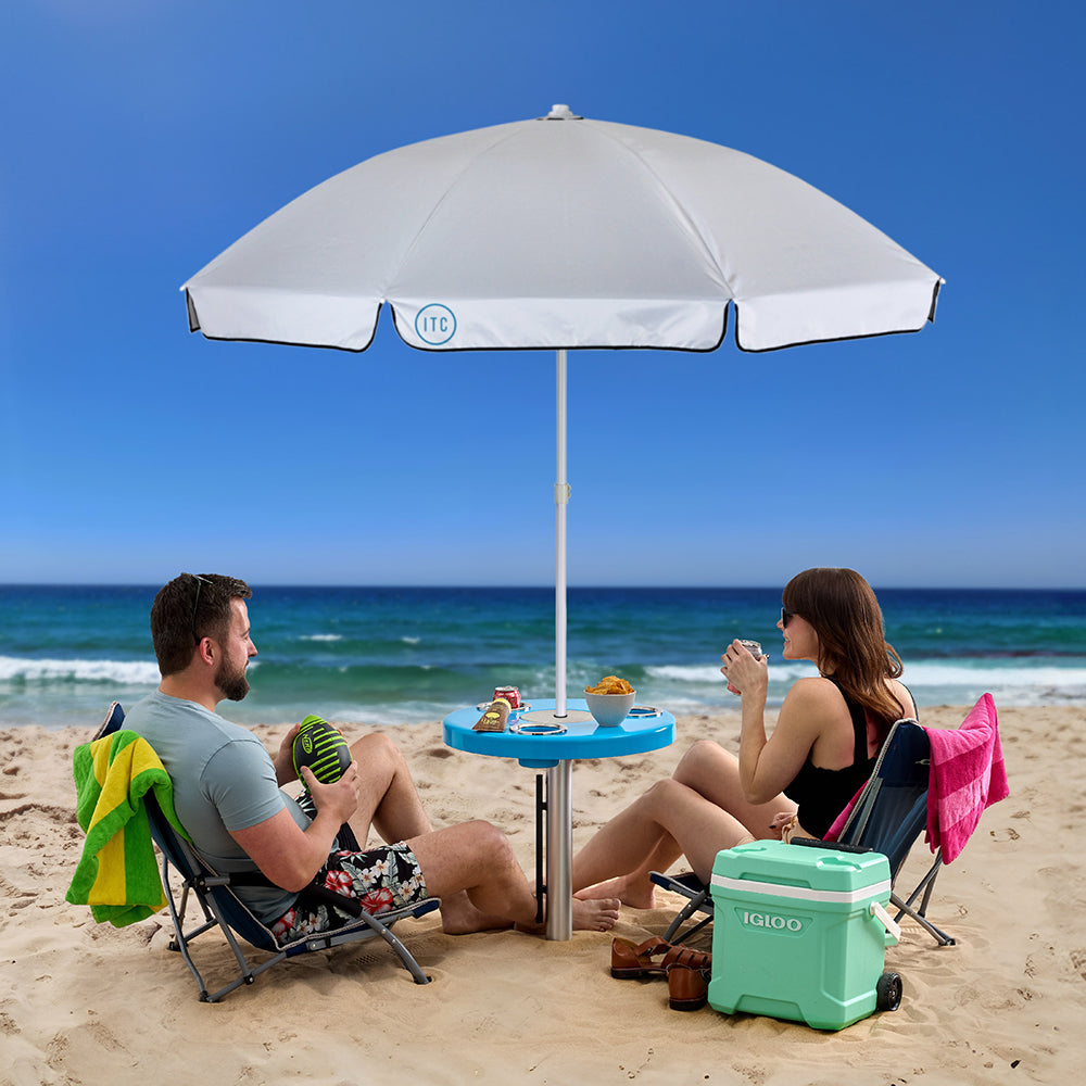 Beach Table w/ Sand Bar Table Leg and Umbrella