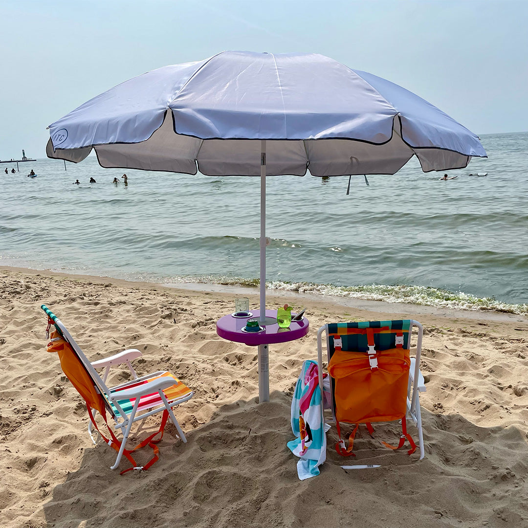 Beach Table w/ Sand Bar Table Leg and Umbrella