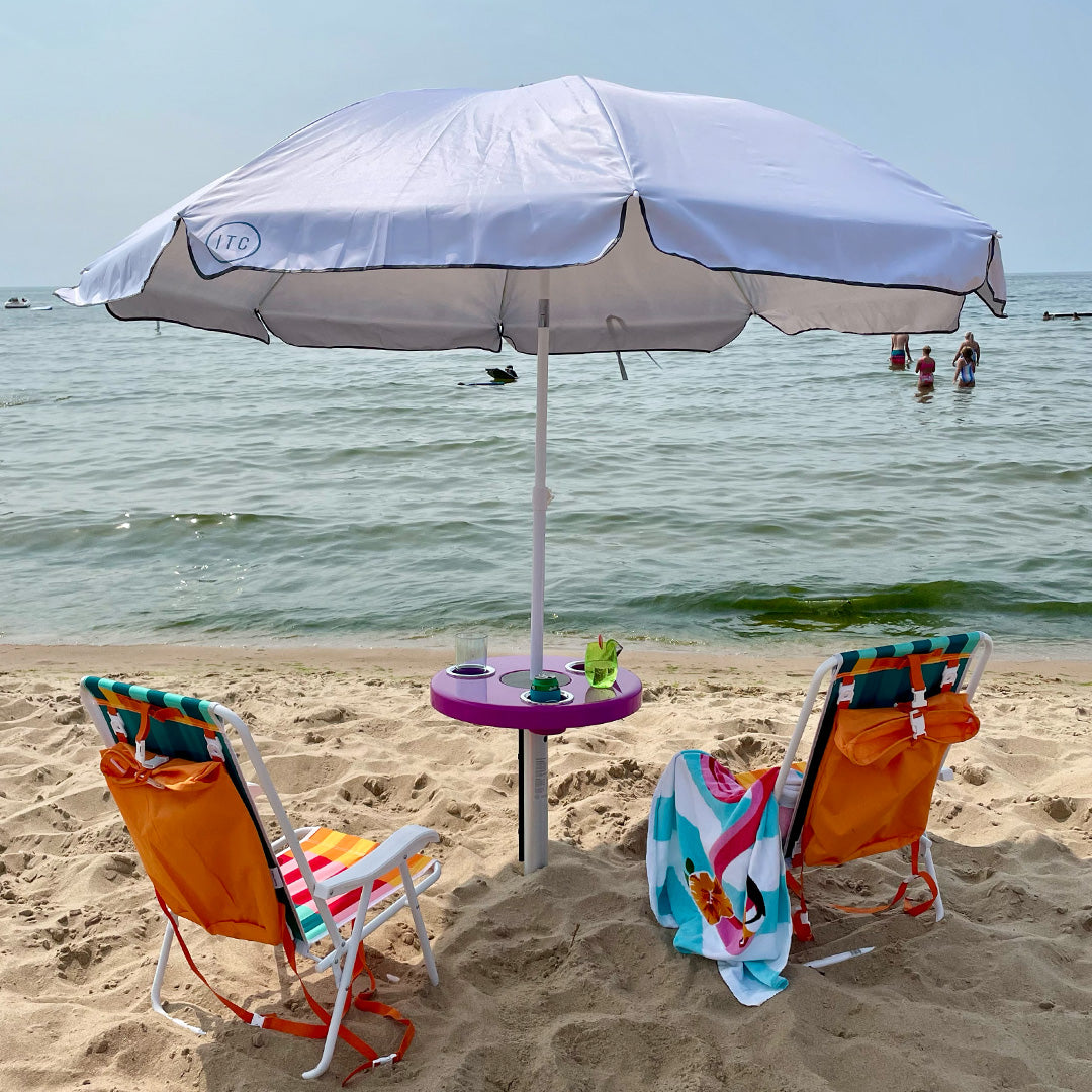Beach Table w/ Sand Bar Table Leg and Umbrella