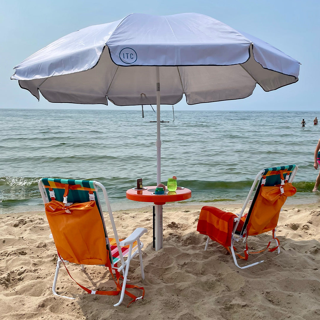 Beach Table w/ Sand Bar Table Leg and Umbrella