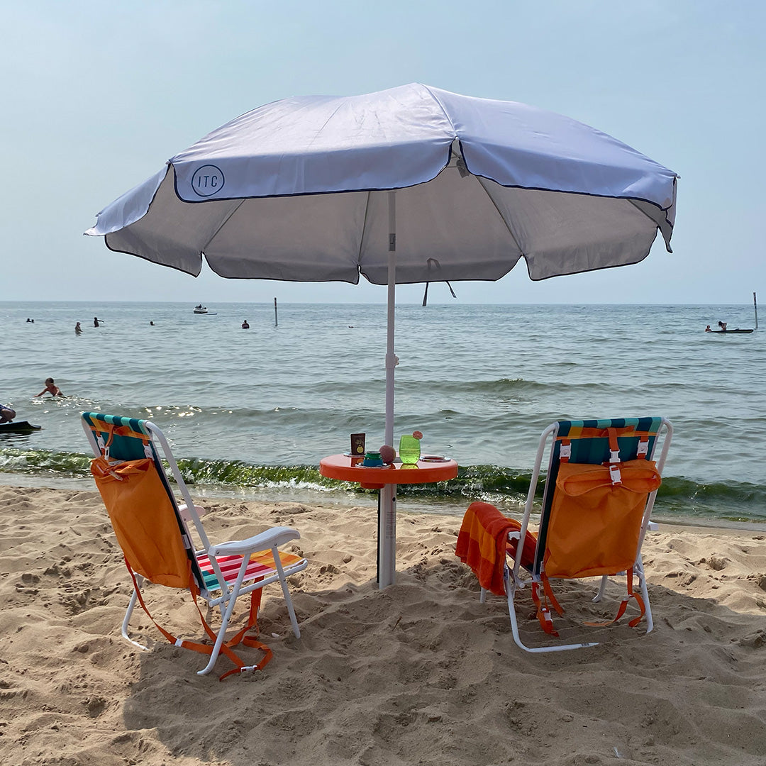 Beach Table w/ Sand Bar Table Leg and Umbrella