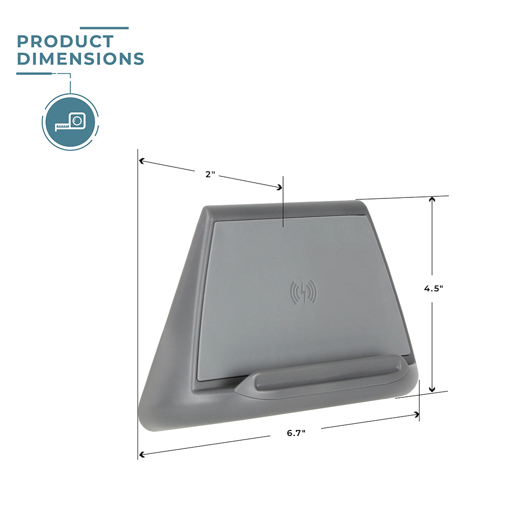 Gray phone stand with dimensions labeled on a white background