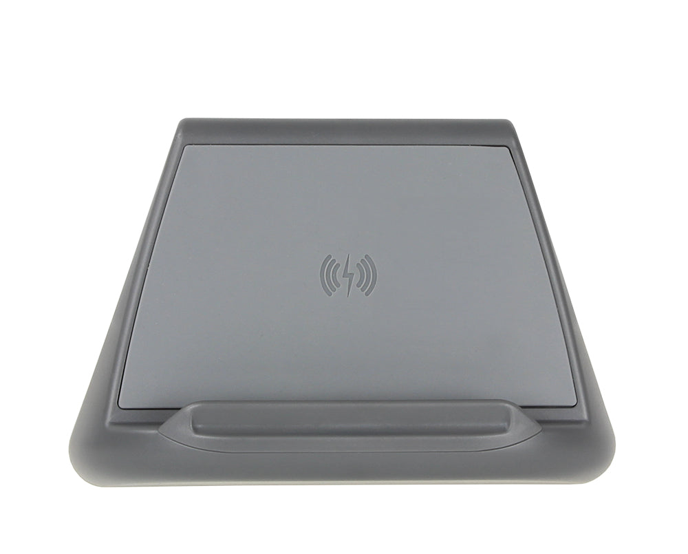 Gray wireless charging pad on a white background