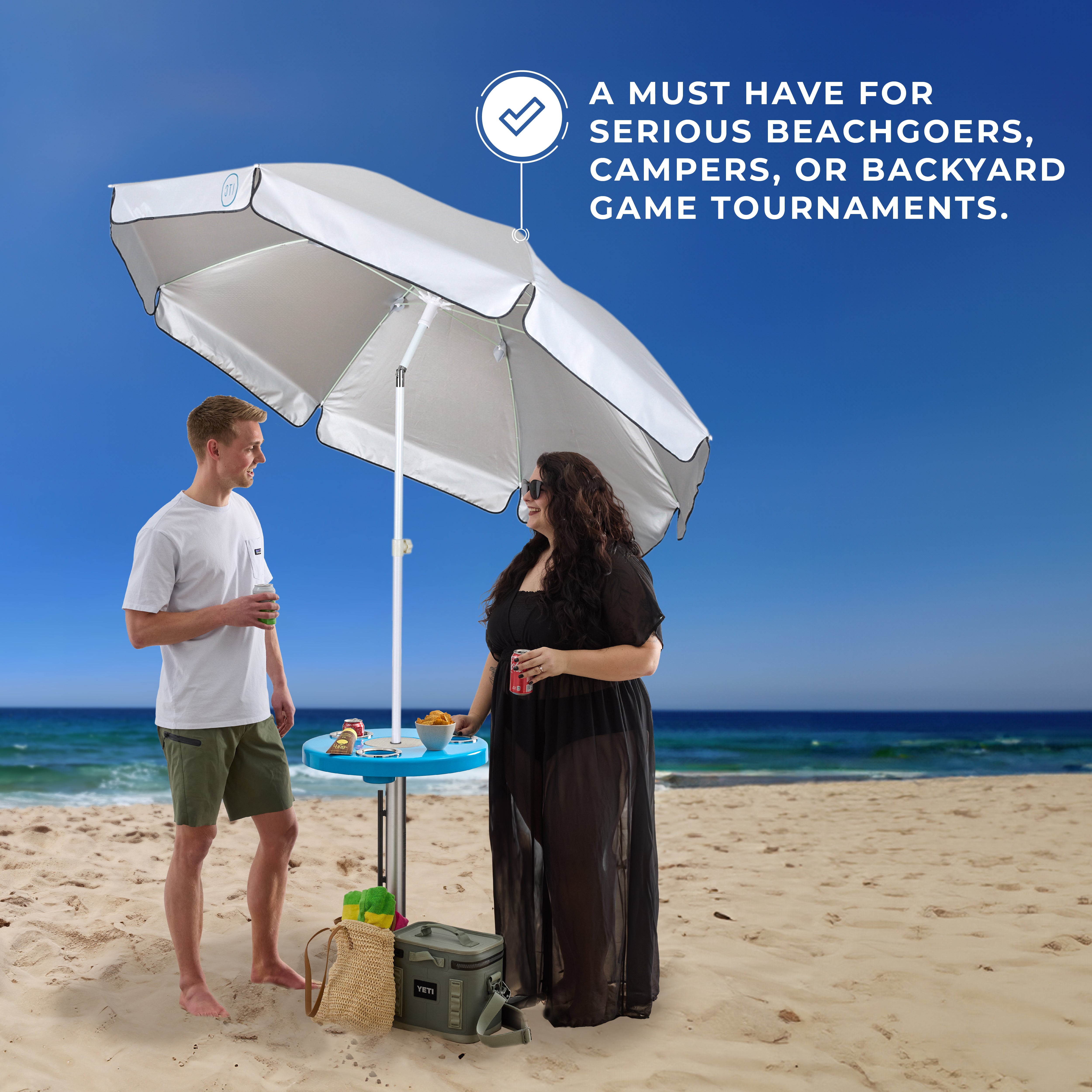 Beach Table w/ Sand Bar Table Leg and Umbrella